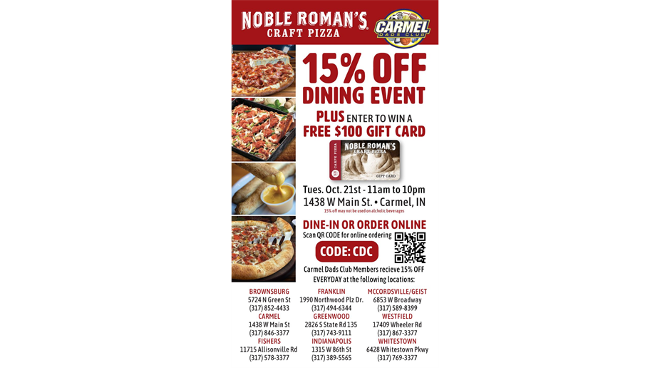 15% OFF at Noble Roman's - Tues., Oct. 21st
